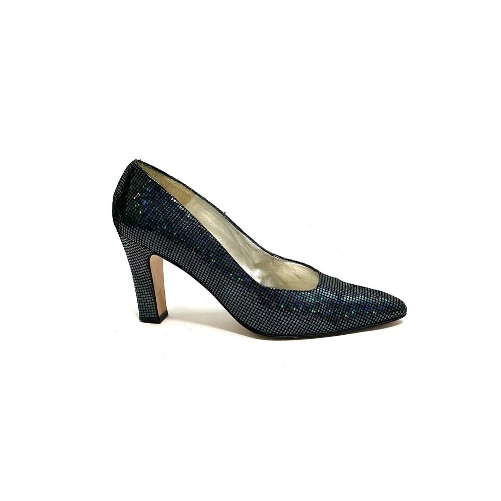 Vintage 1990s black suede iridescent embossed disco ball party heels